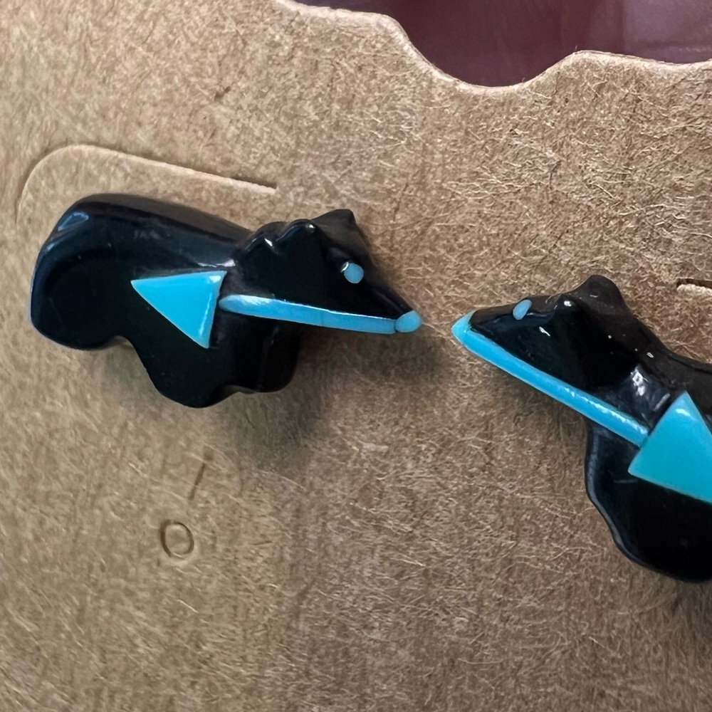 WOW Turquoise & Onyx Handmade Carved Bear Stud Earrings